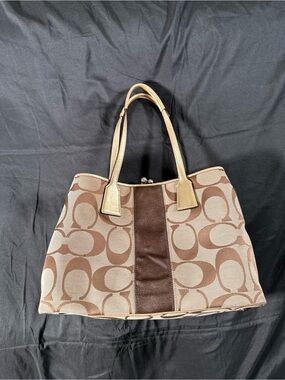 Coach Signature Stripe Framed Kisslock Carryall Gold Metallic Leather F13533